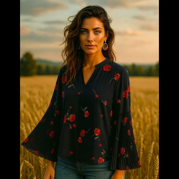 Lauren Ralph Lauren Black Sz L Romantic Cottagecore Boho Floral Bell Sleeve Top - Picture 1 of 10